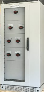 High interrupting DC distribution panel with customer connection to terminals in a separate compartment and see-through door.
