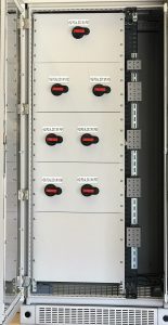 High interrupting DC distribution panel with customer connection to terminals in a separate compartment and see-through door.